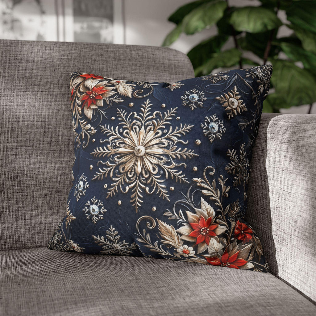 Snowflake Holiday Pillowcase, Silver, Gold  & Blue Christmas Decorative Throw Cushion Cover