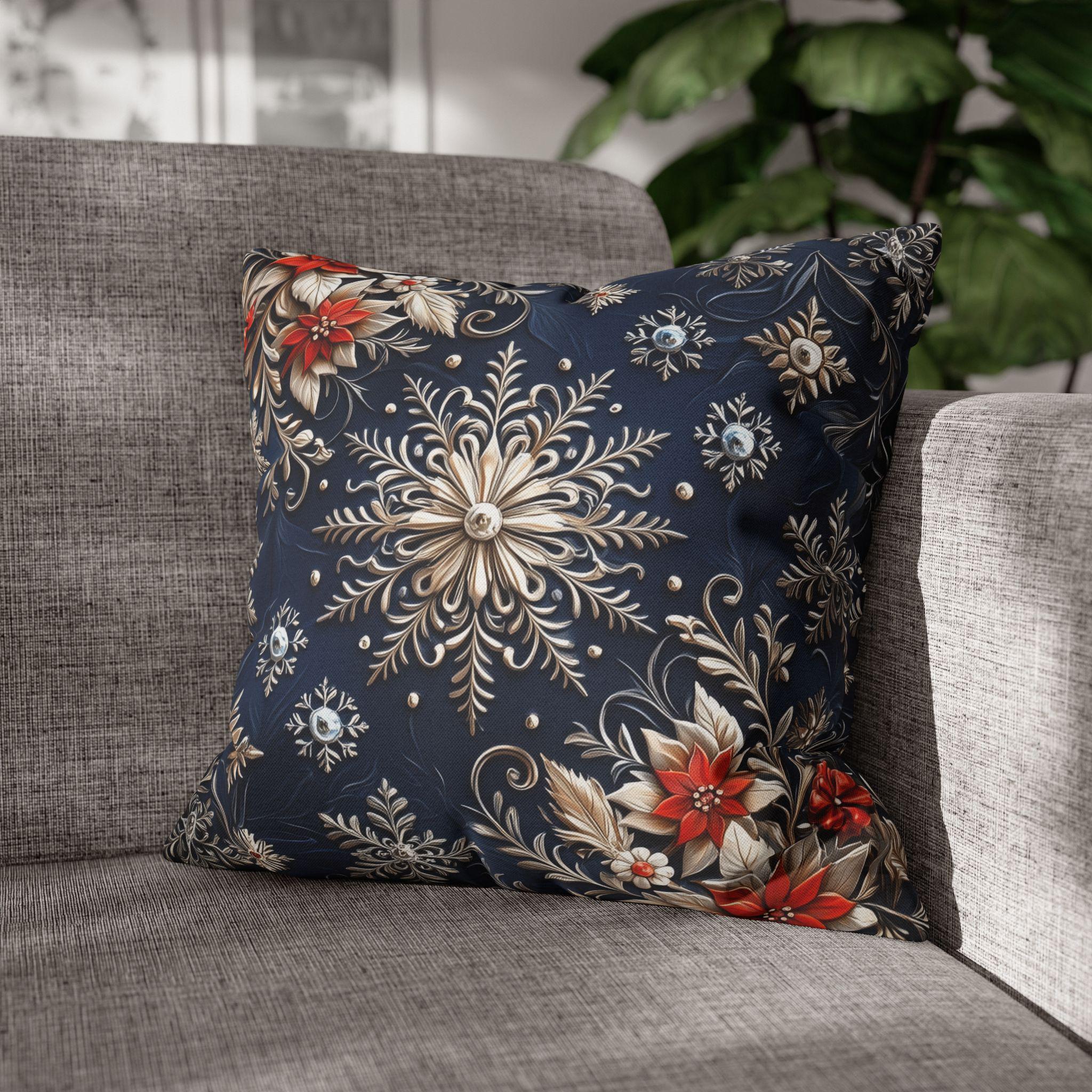 Snowflake Holiday Pillowcase, Silver, Gold  & Blue Christmas Decorative Throw Cushion Cover