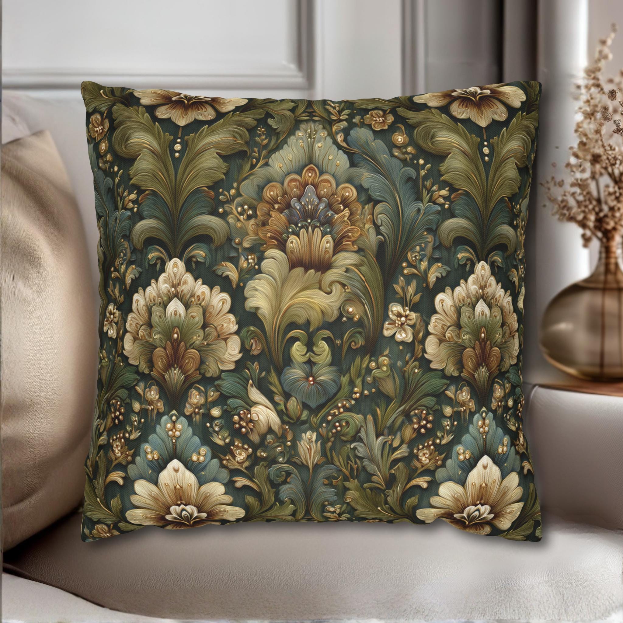 Botanical Damask Throw Pillow Cover: Moody Sage, Teal and Cream Floral