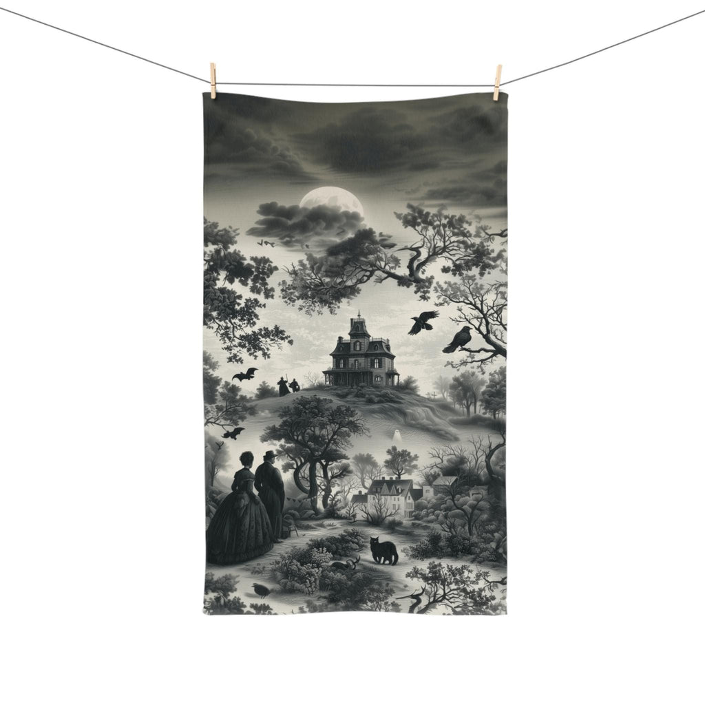 Halloween Toile Hand Towel: Haunted House, Crows and Black Cat in Monochrome