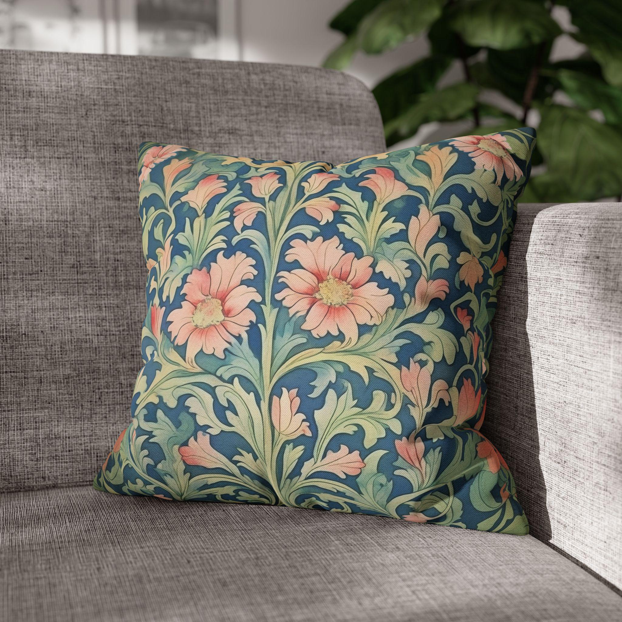 William Morris Pimpernel-Inspired Pillow Cover: Modern Blue & Coral Pink Botanical