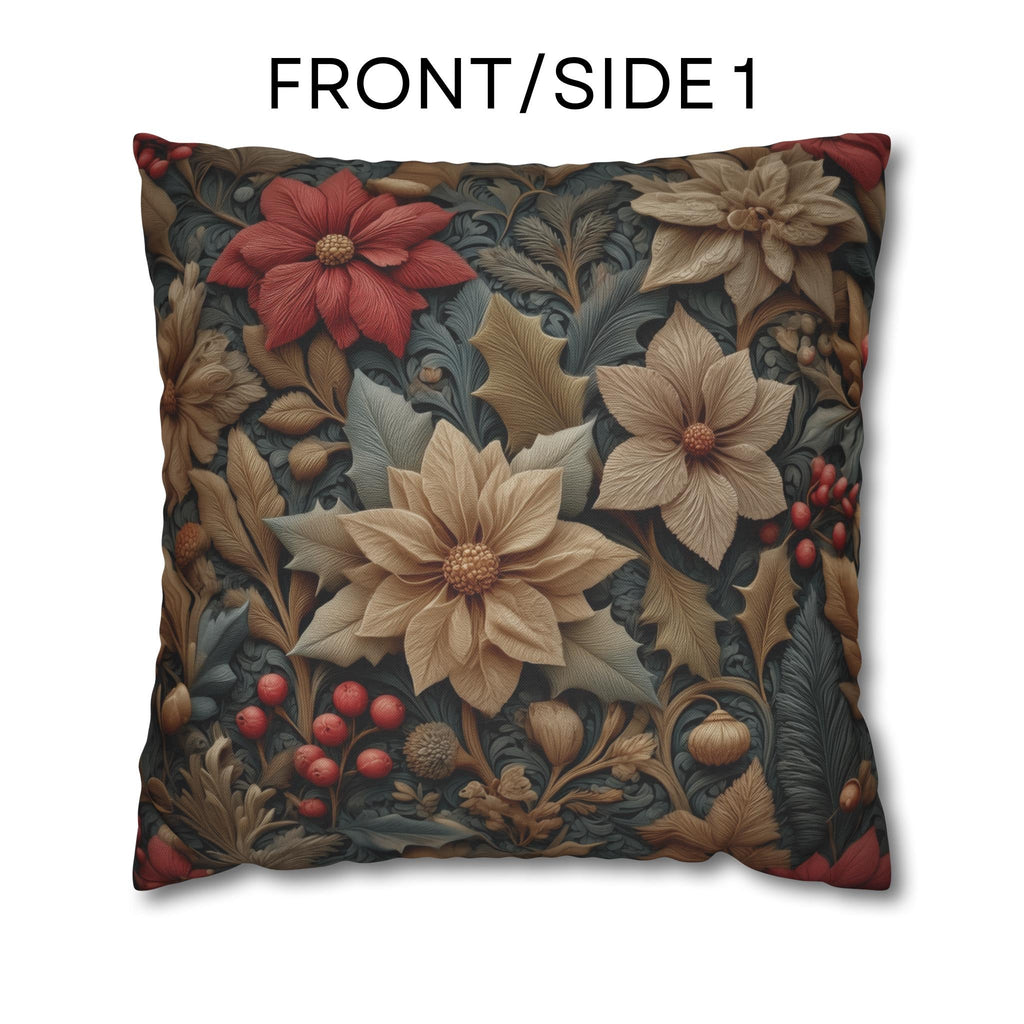 William Morris Christmas Pillow Cover: Wine & Pale Taupe Poinsettias with Clay on Gray Background