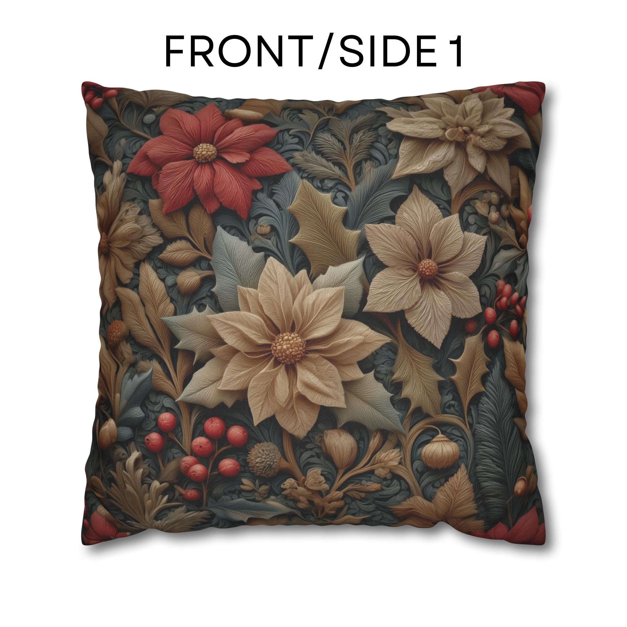 William Morris Christmas Pillow Cover: Wine & Pale Taupe Poinsettias with Clay on Gray Background