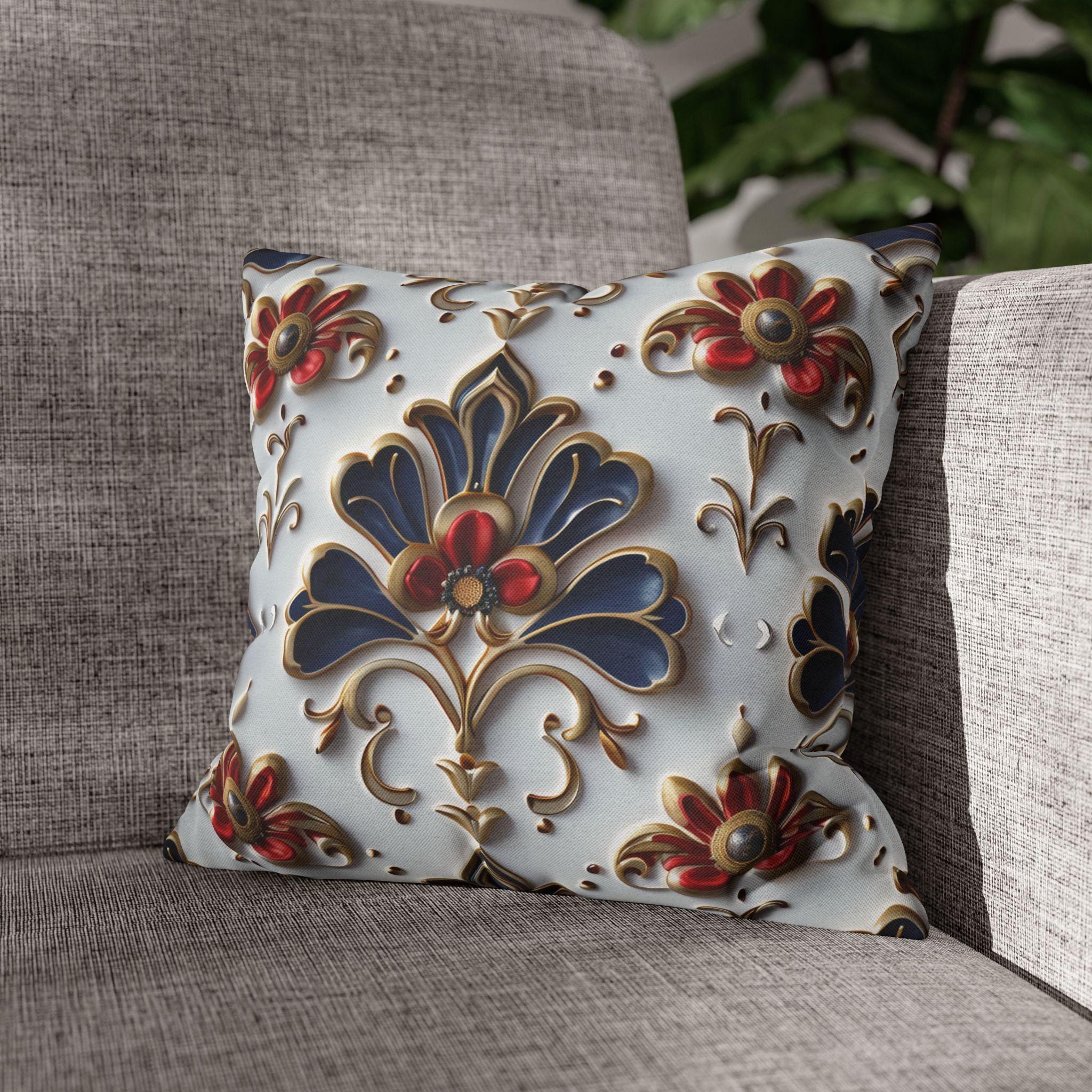 Baroque Floral Pillow Cover: Navy Blue, Gold & Red Accent