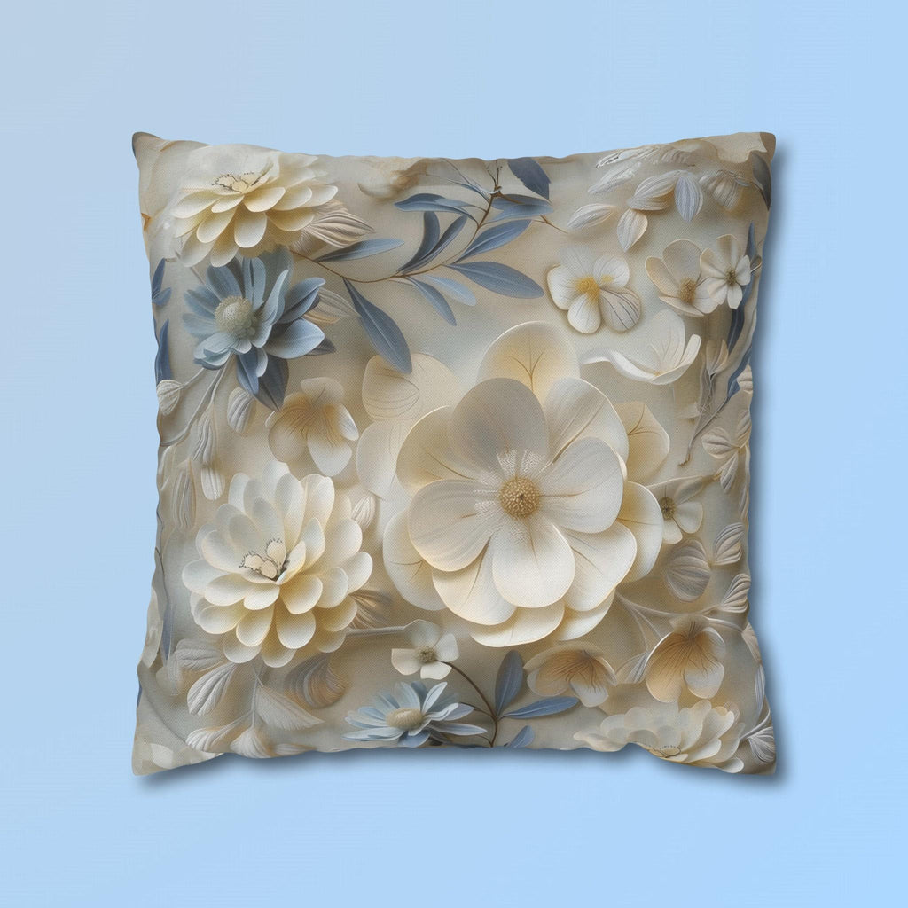 Floral Pillow Cover: Cream, Ivory & Blue Blossoms, Elegant Home Decor