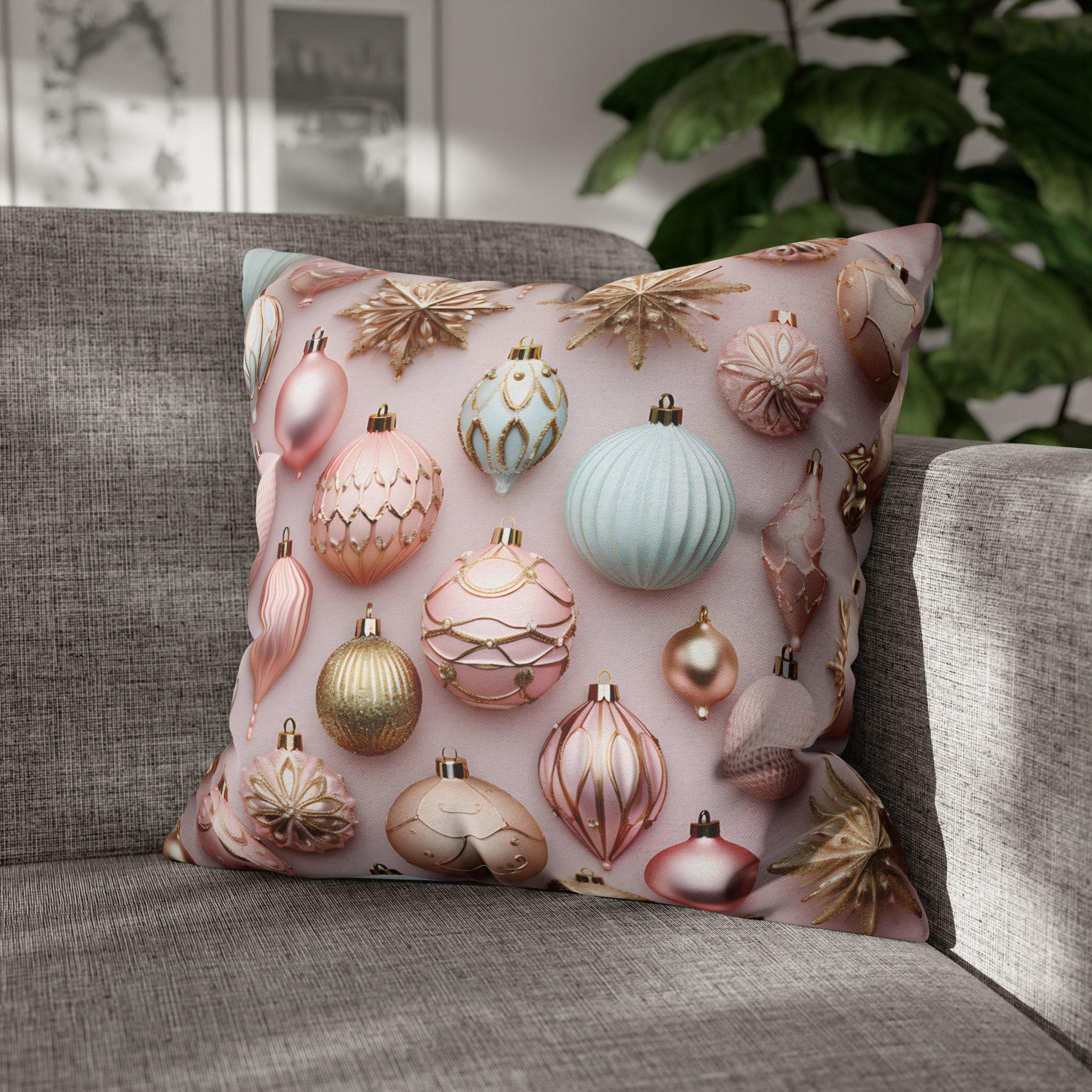 Pastel Holiday Ornaments Pillow Cover: Shimmer & Pink Pattern for Festive Elegance