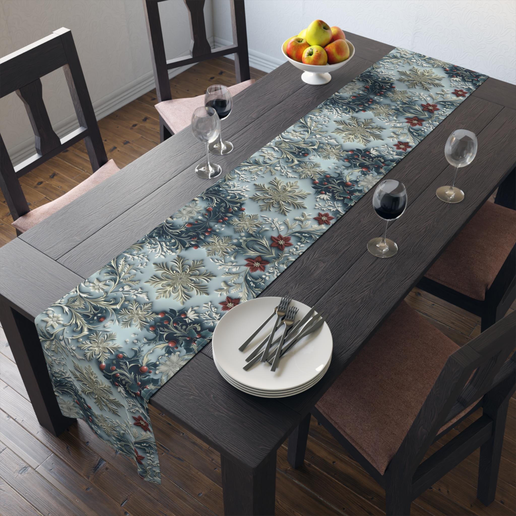 Elegant Blue Chinoiserie Christmas Table Runner: Snowflake & Holly Design for Holiday Dining Decor