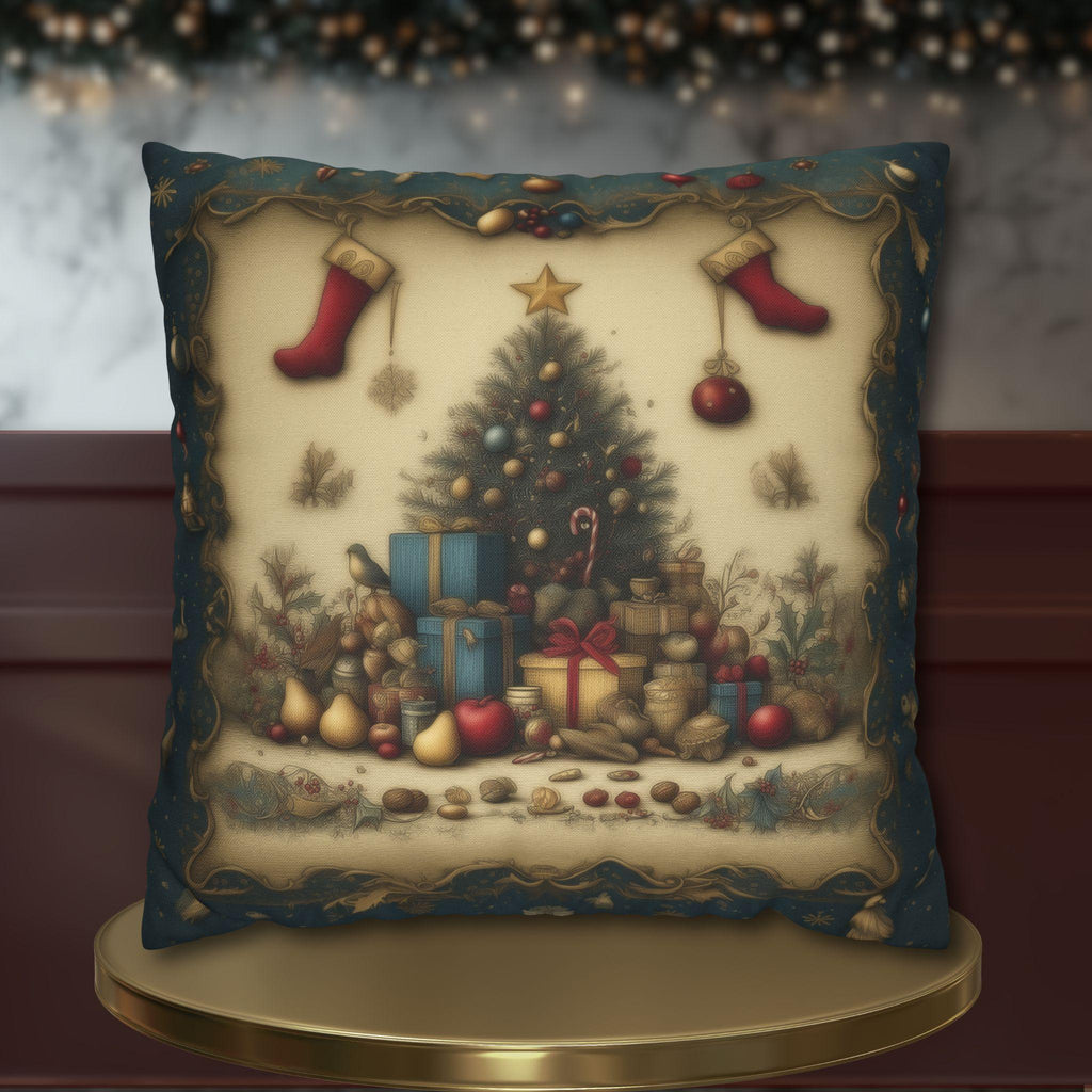 Vintage Style Christmas Nostalgia Pillow Cover: Holiday Tree with Gifts & Stockings
