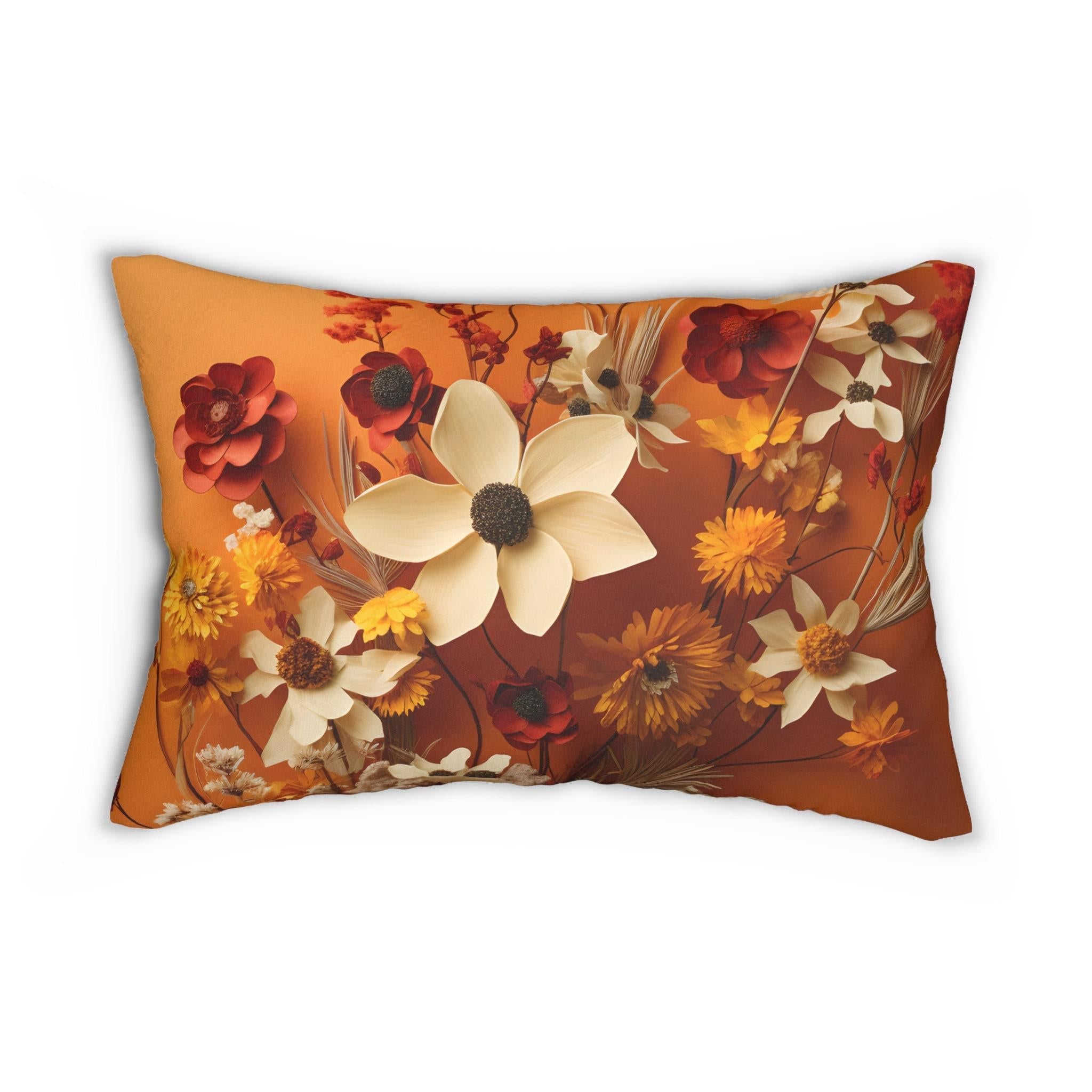 Autumn Wildflower Lumbar Throw Pillow - Rusty Orange Floral Decorative Cushion for Fall Home Decor