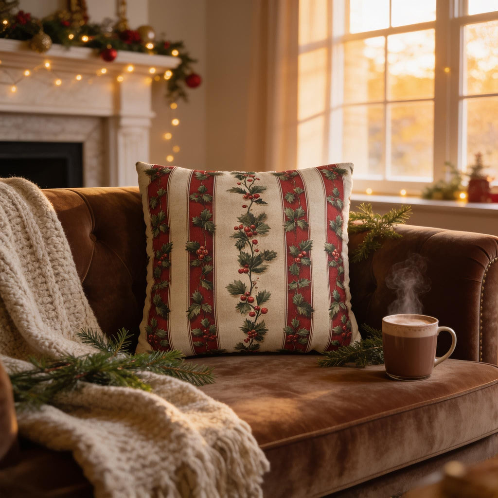 Striped Holly Christmas Pillow Cover: Red, Green, Cream Holiday Botanical Winter Decor