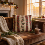 Striped Holly Christmas Pillow Cover: Red, Green, Cream Holiday Botanical Winter Decor