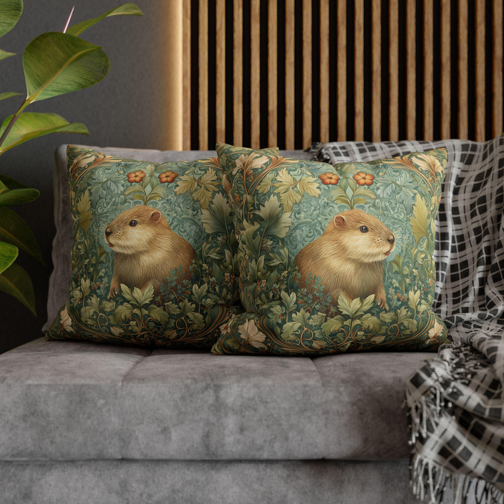 William Morris Inspired Beaver Pillow Cover: Woodland Cushion with Botanical Frame and Earthy Design