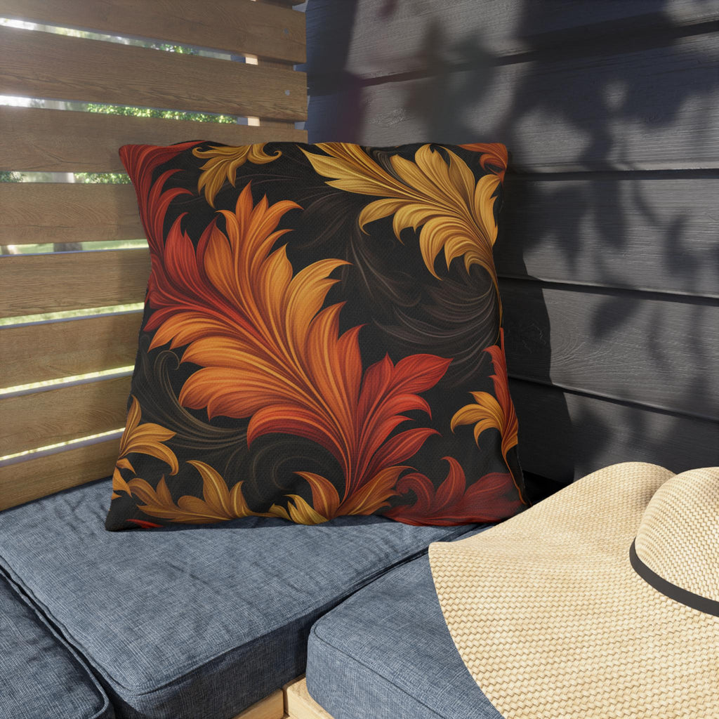 Autumn Leaf Outdoor Pillow: Red, Gold, Black - Weather Resistant