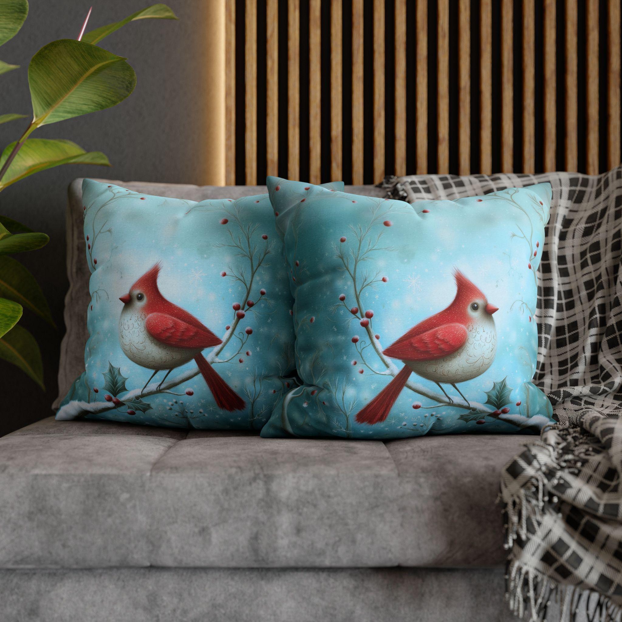 Winter Cardinal Throw Pillow Cover: Frosty Blue Holiday Bird Accent