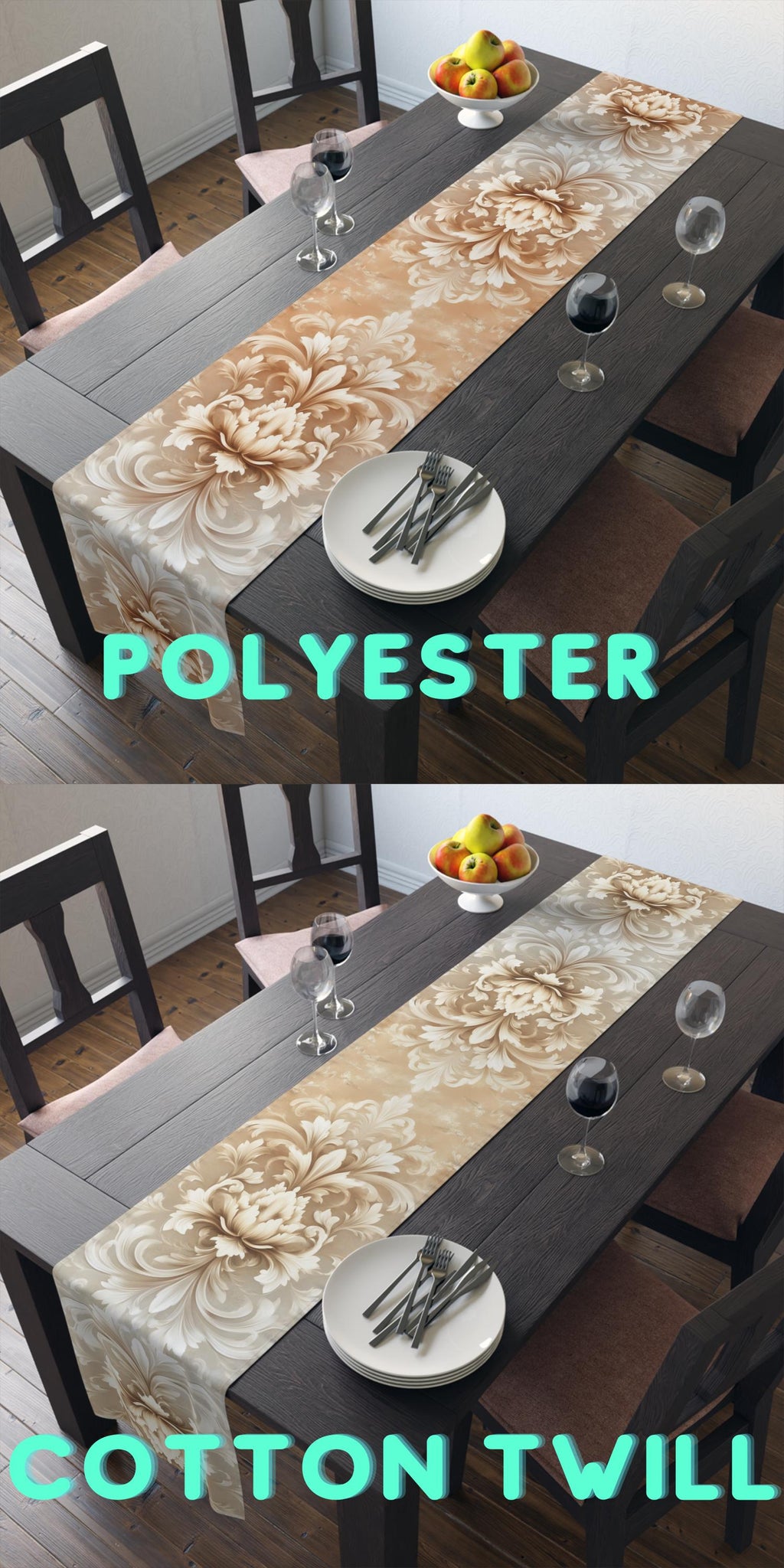 Elegant Damask Floral Table Runner: Ivory-Beige-Caramel Gradient, Luxury Home Decor Accent