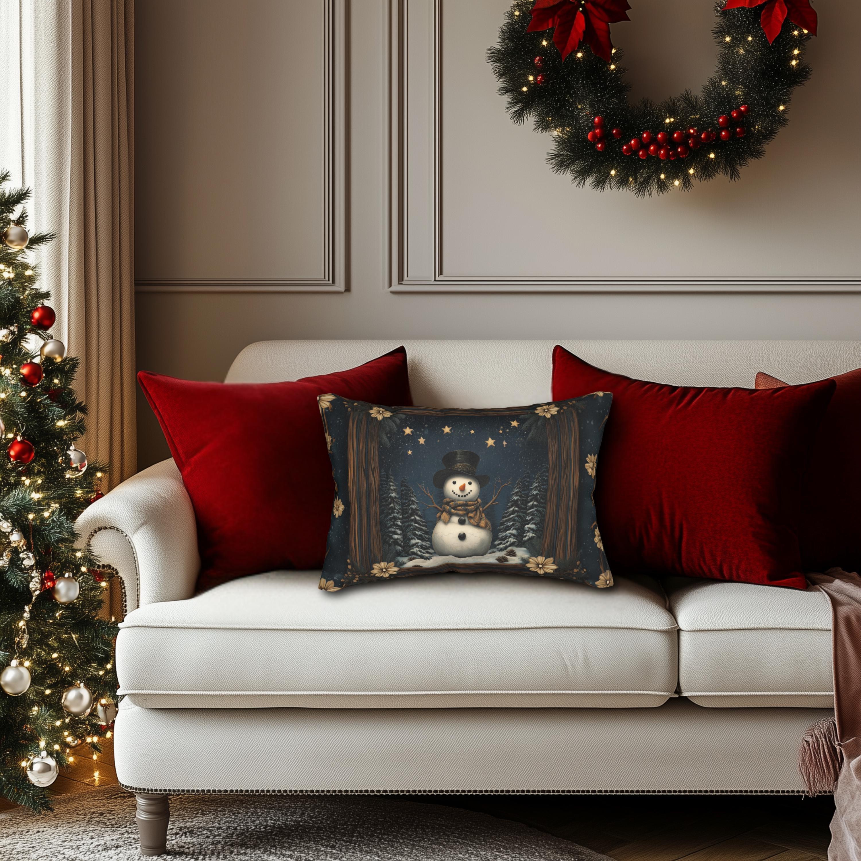 William Morris Inspired Winter Snowman Lumbar Pillow, Christmas Throw Cushion