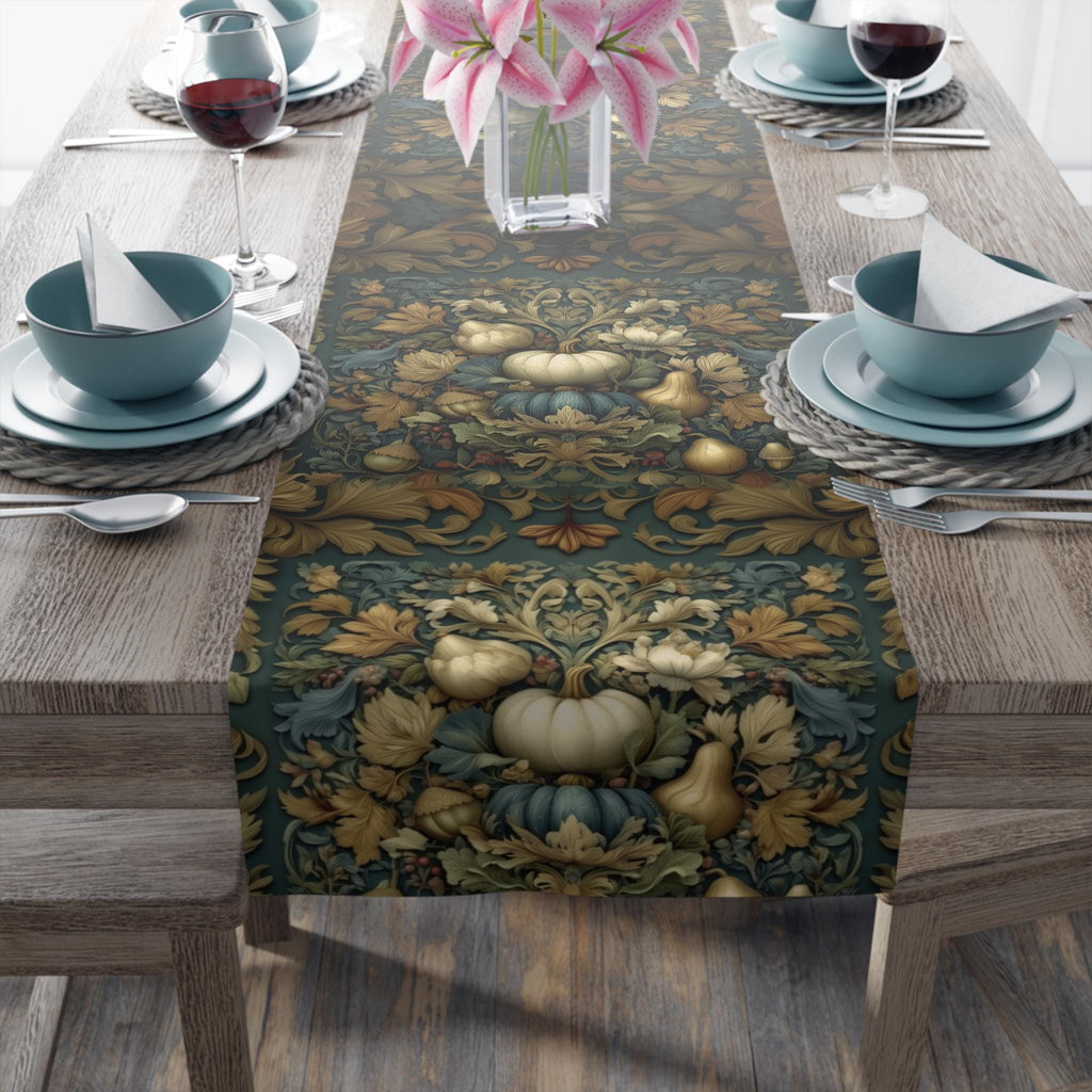 William Morris Inspired Autumn Table Runner: Teal, Gold, and Ivory Harvest Design