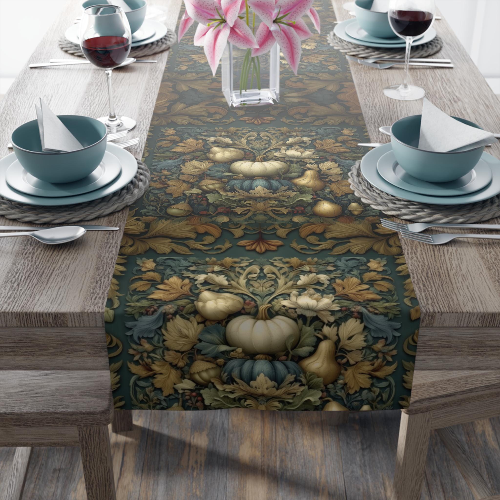 William Morris Inspired Autumn Table Runner: Teal, Gold, and Ivory Harvest Design