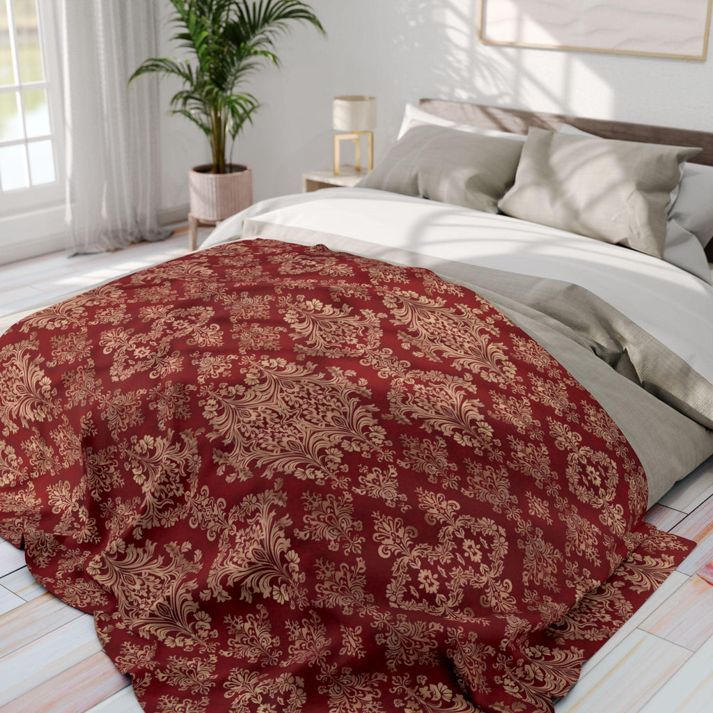 Red & Pale Gold Damask Fleece Throw: Elegant Opulent Bedding