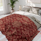 Red & Pale Gold Damask Fleece Throw: Elegant Opulent Bedding