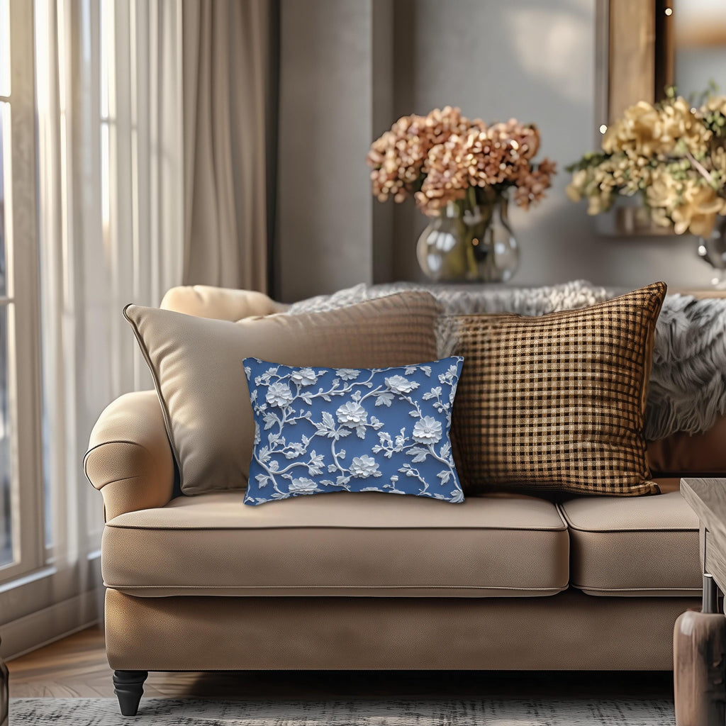 Chinoiserie Lumbar Pillow: Blue and White Floral Home Accent
