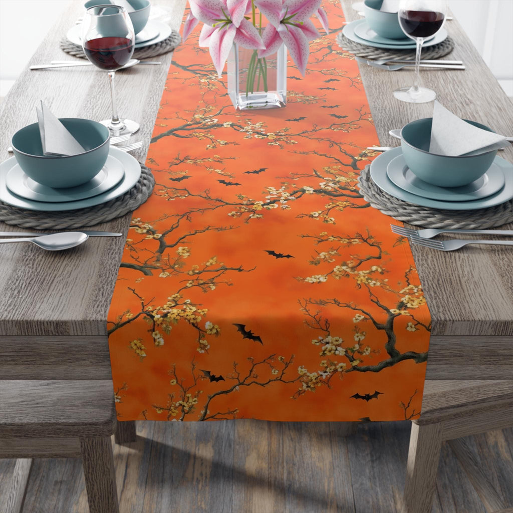 Halloween Chinoiserie Table Runner: Bright Orange with Bats and Blossoms  Decor