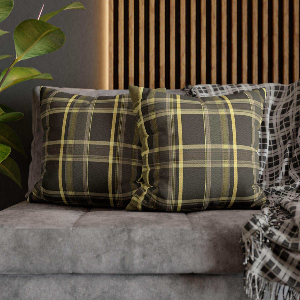 Vegan Faux Suede Material Printed Pillow Cover: Modern Olive & Golden Yellow Plaid Soft Leather-Look