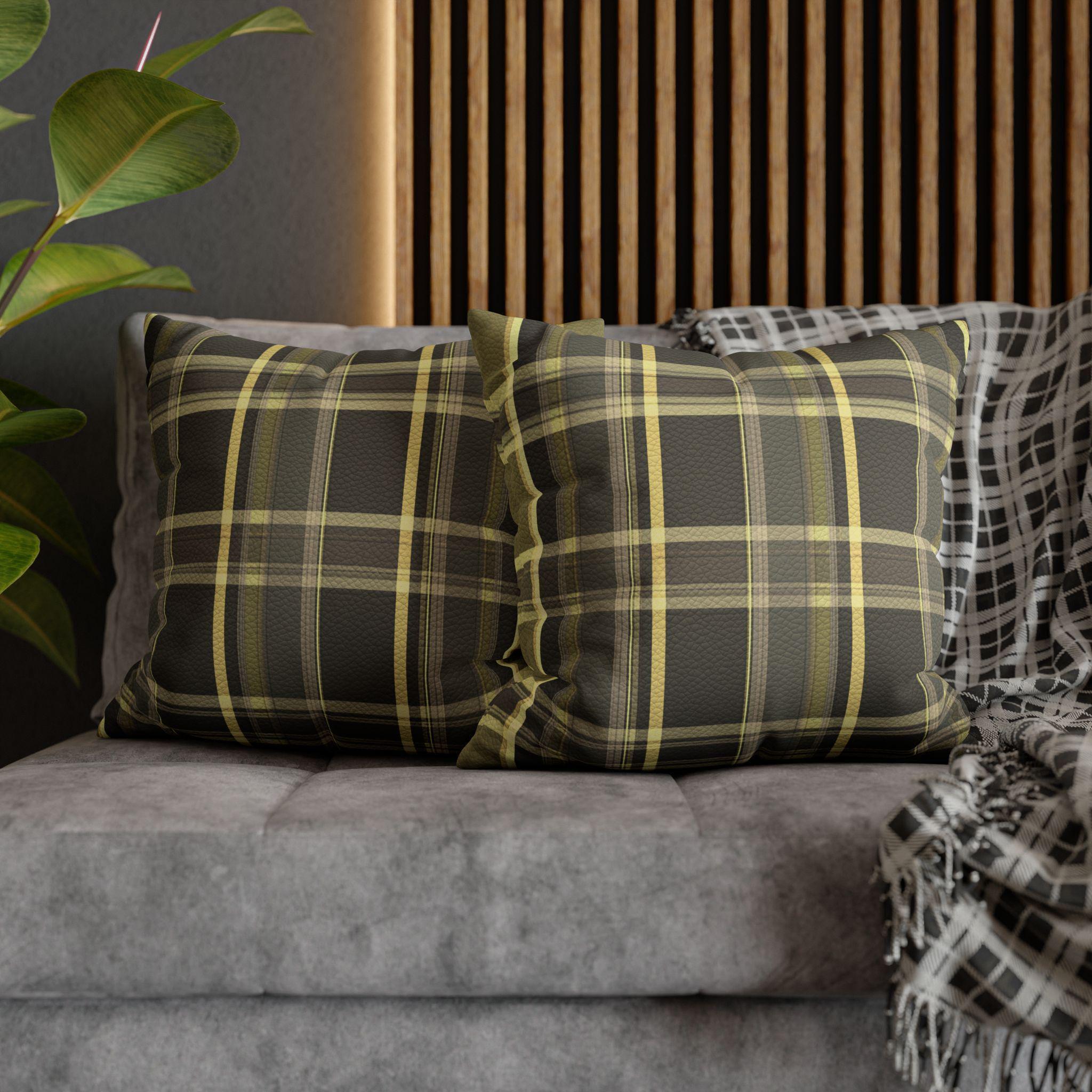 Vegan Faux Suede Material Printed Pillow Cover: Modern Olive & Golden Yellow Plaid Soft Leather-Look