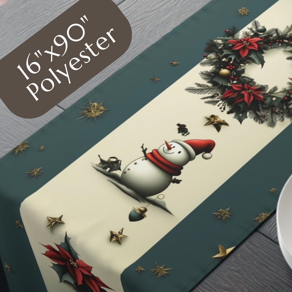Vintage Nostalgia Christmas Table Runner: Snowman, Poinsettia & Wreaths on Deep Teal-Gray and Cream