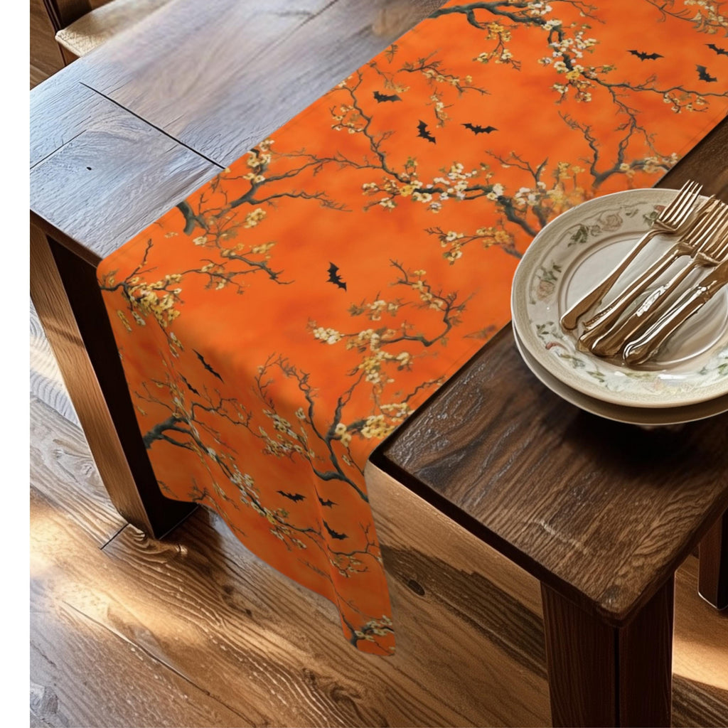 Halloween Chinoiserie Table Runner: Bright Orange with Bats and Blossoms  Decor