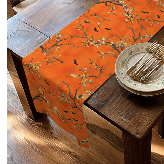 Halloween Chinoiserie Table Runner: Bright Orange with Bats and Blossoms  Decor