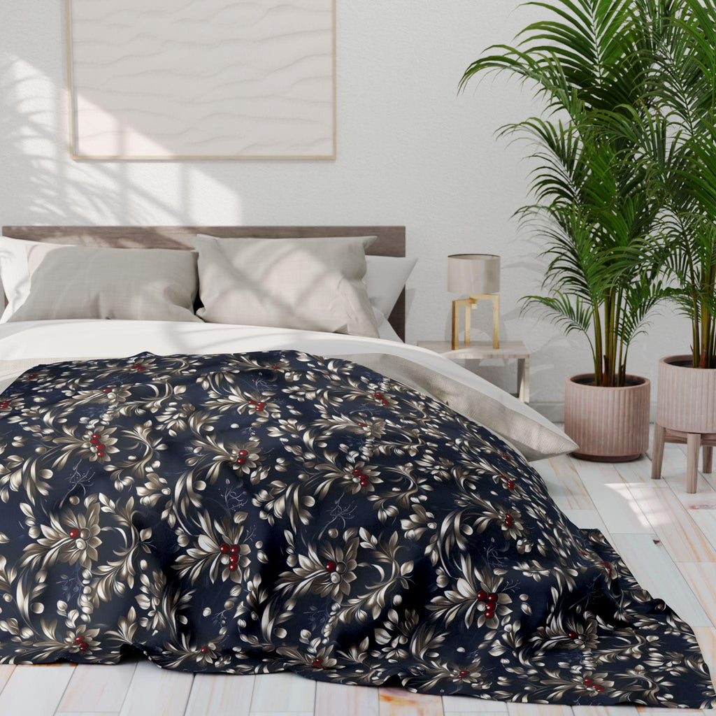 Blue & Silver Holly Fleece Blanket: Festive Christmas Decor
