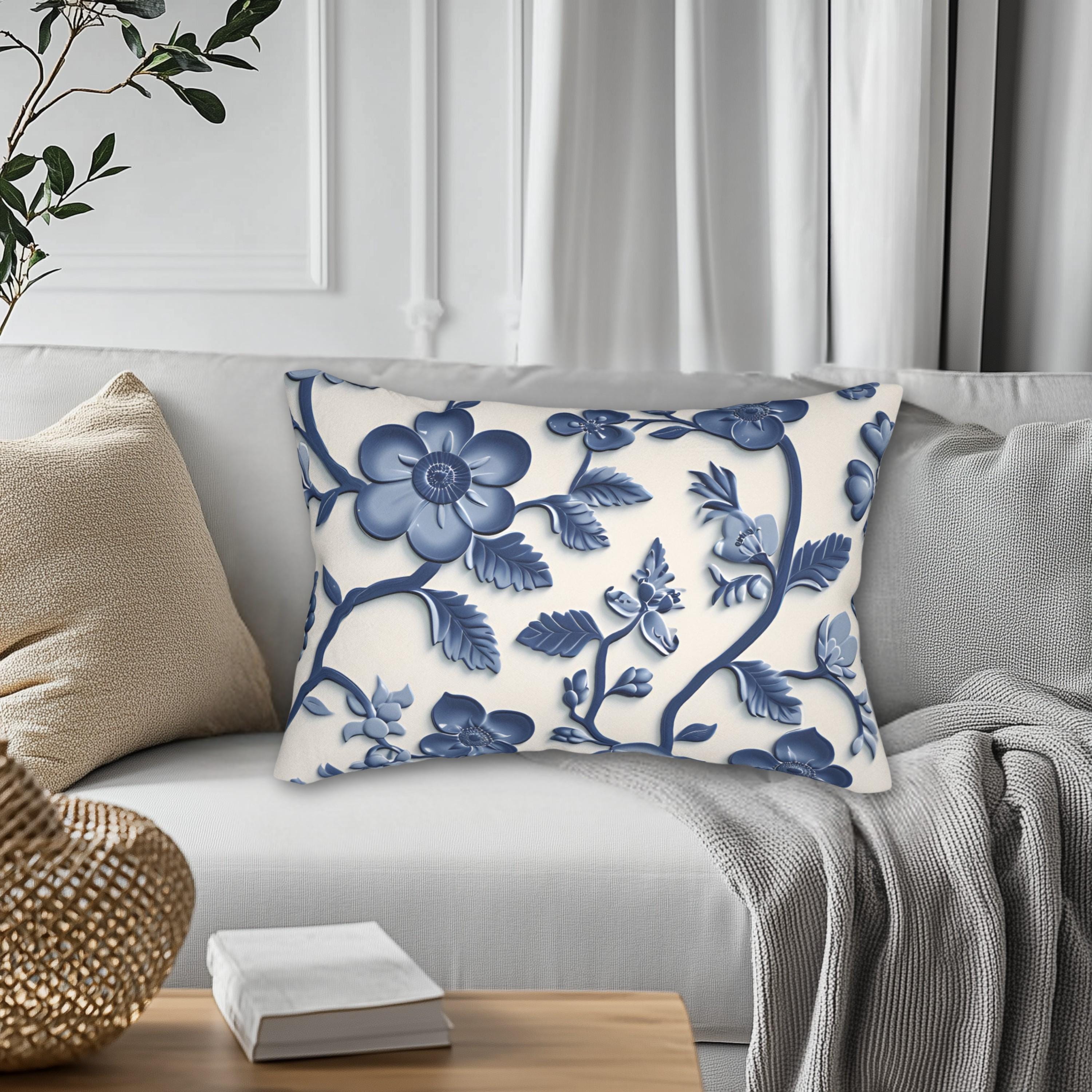 Chinoiserie Blue White Floral Lumbar Pillow | Elegant Pottery Pattern Accent Cushion