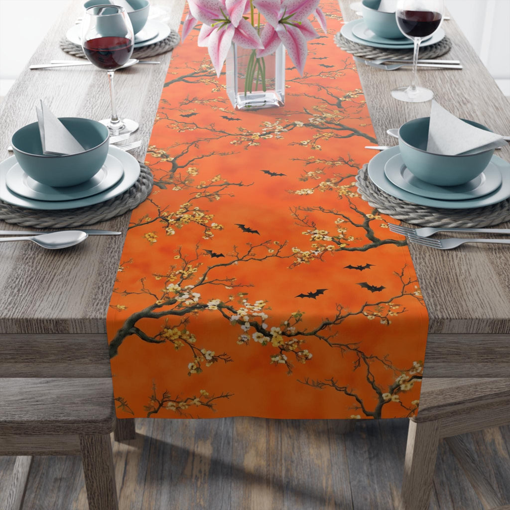 Halloween Chinoiserie Table Runner: Bright Orange with Bats and Blossoms  Decor
