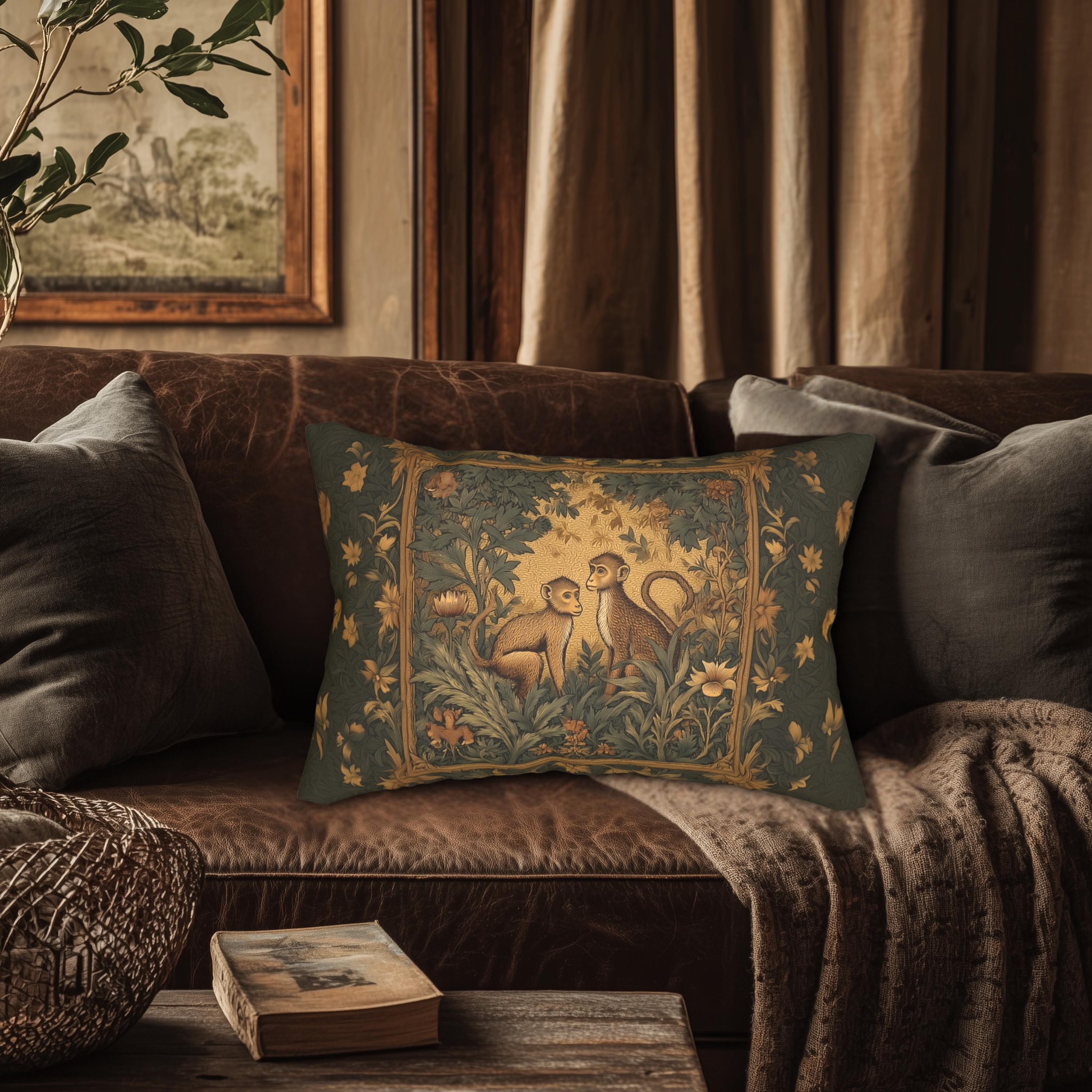 William Morris Style Lumbar Pillow:  Monkey Jungle Botanical Design