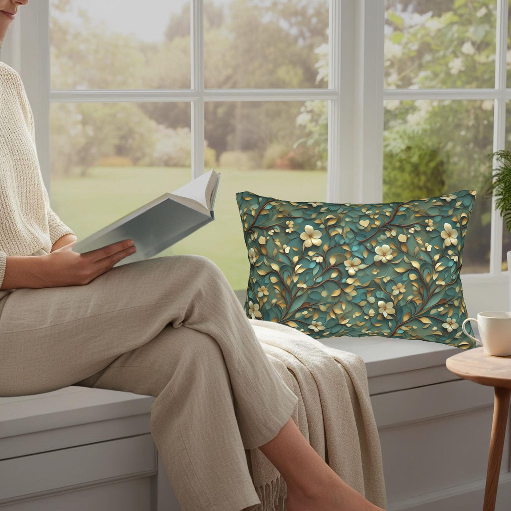 Luxurious William Morris Inspired Floral Lumbar Pillow: Green & Gold Botanical Design