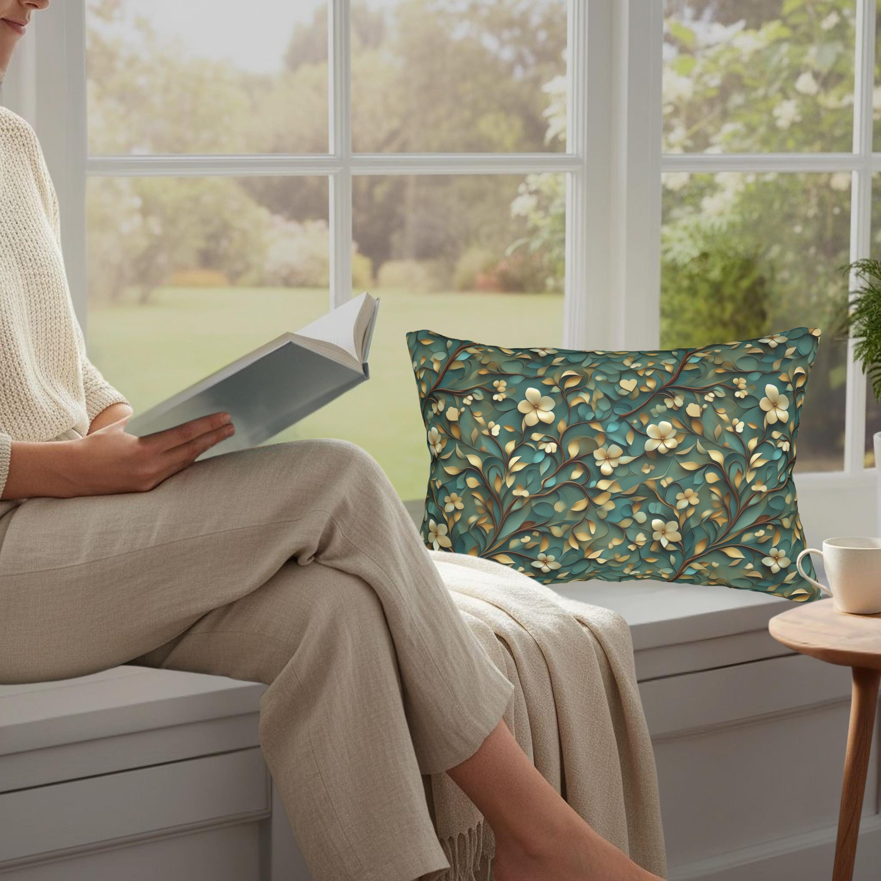 Luxurious William Morris Inspired Floral Lumbar Pillow: Green & Gold Botanical Design