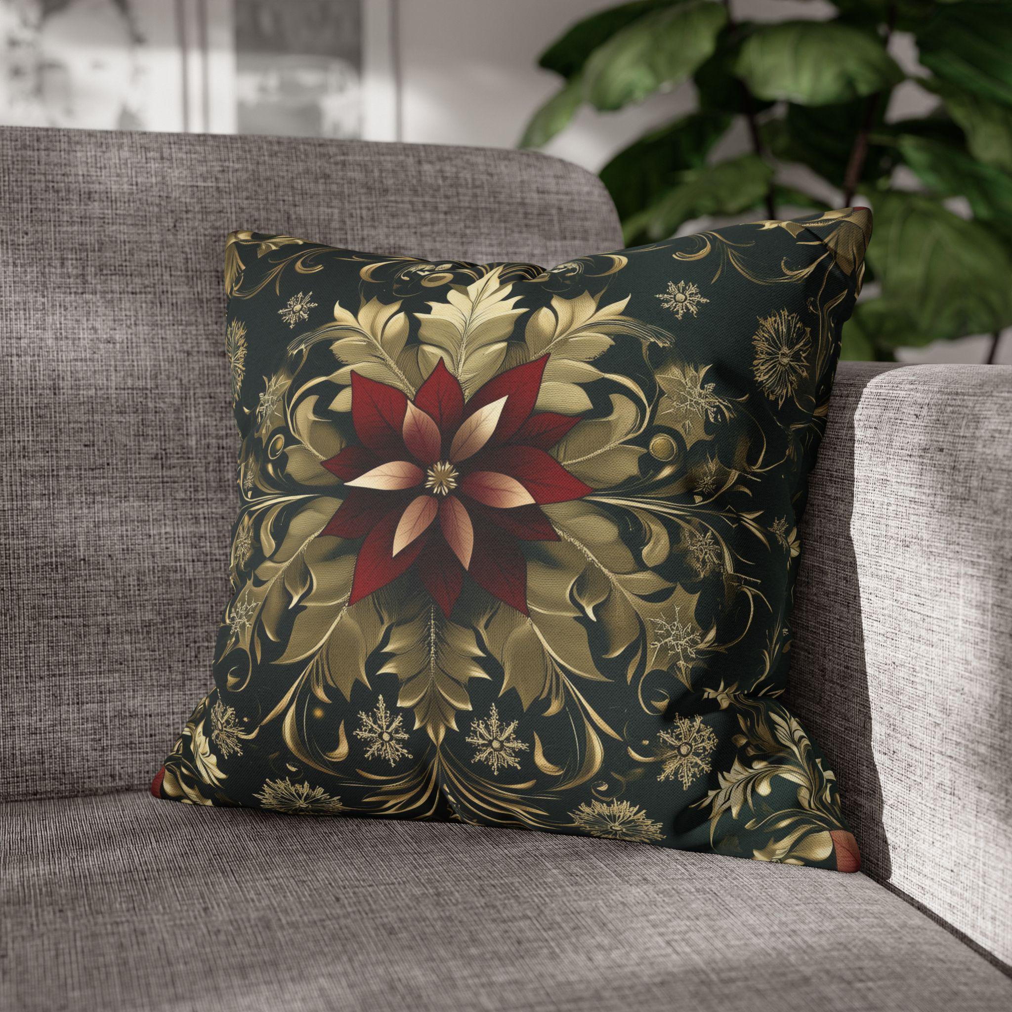 Poinsettia Pillowcase: Festive Holiday Floral, Red and Gold Winter Accent
