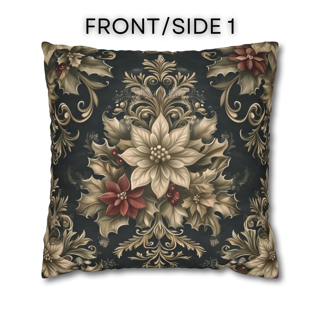 Vintage Style William Morris Christmas Pillow Cover: Poinsettia & Holly on Charcoal Cushion