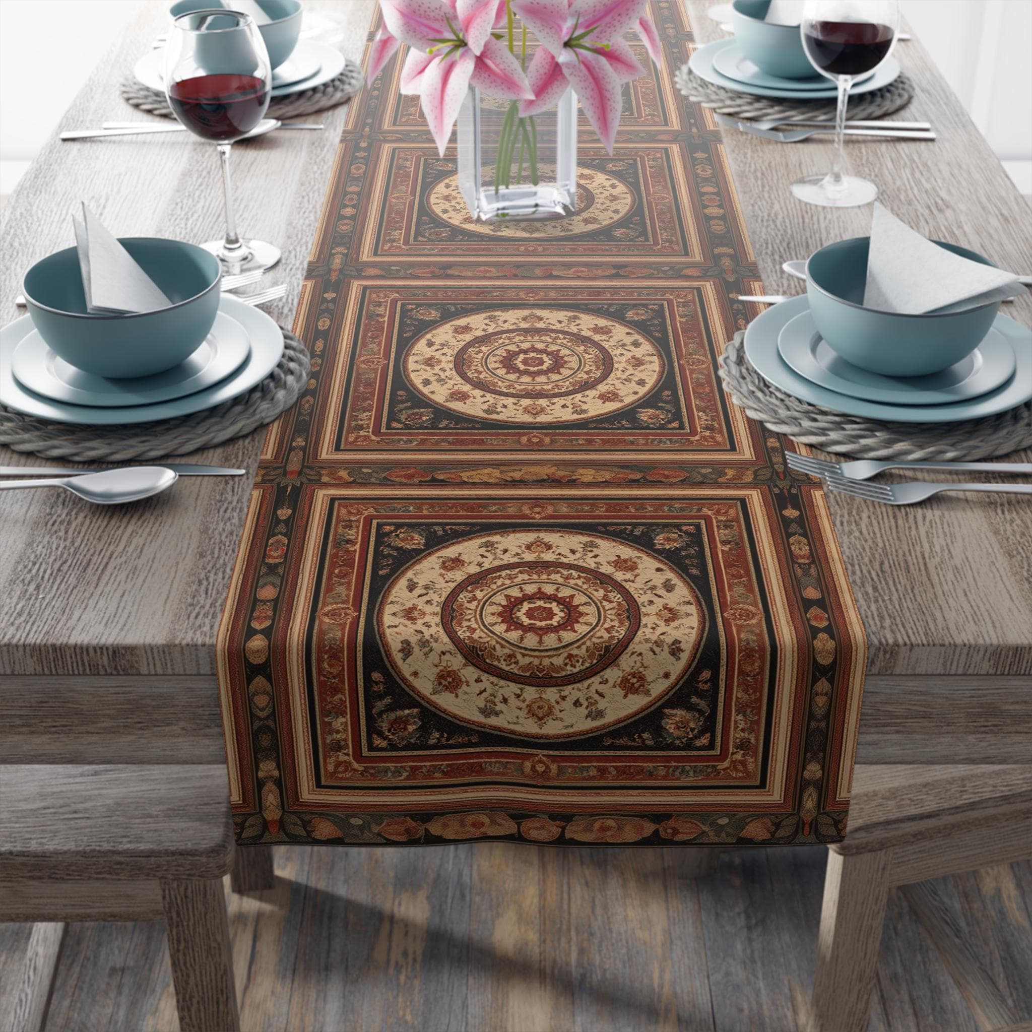 Persian Table Runner: Inspired by Antique Medallion Rug Design in Warm Rust and Cream