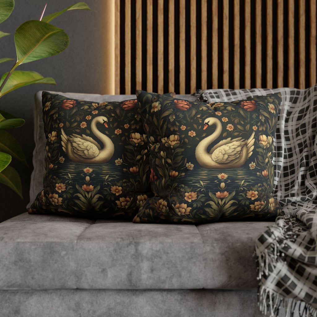 William Morris Inspired Swan Lake Decorative Pillow Cover: Moody Floral Fairytale Cushion Case