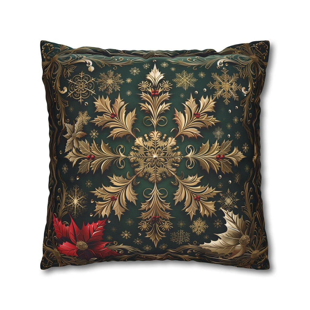 Gold Snowflake Poinsettia Pillow Cover, Emerald Green Holiday Decor