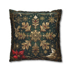 Gold Snowflake Poinsettia Pillow Cover, Emerald Green Holiday Decor