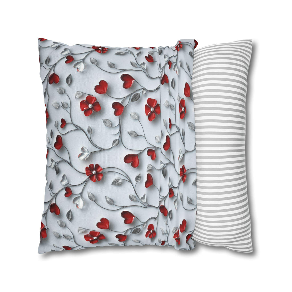 Red Floral Heart Pillow Cover: Romantic Silver Vine Design