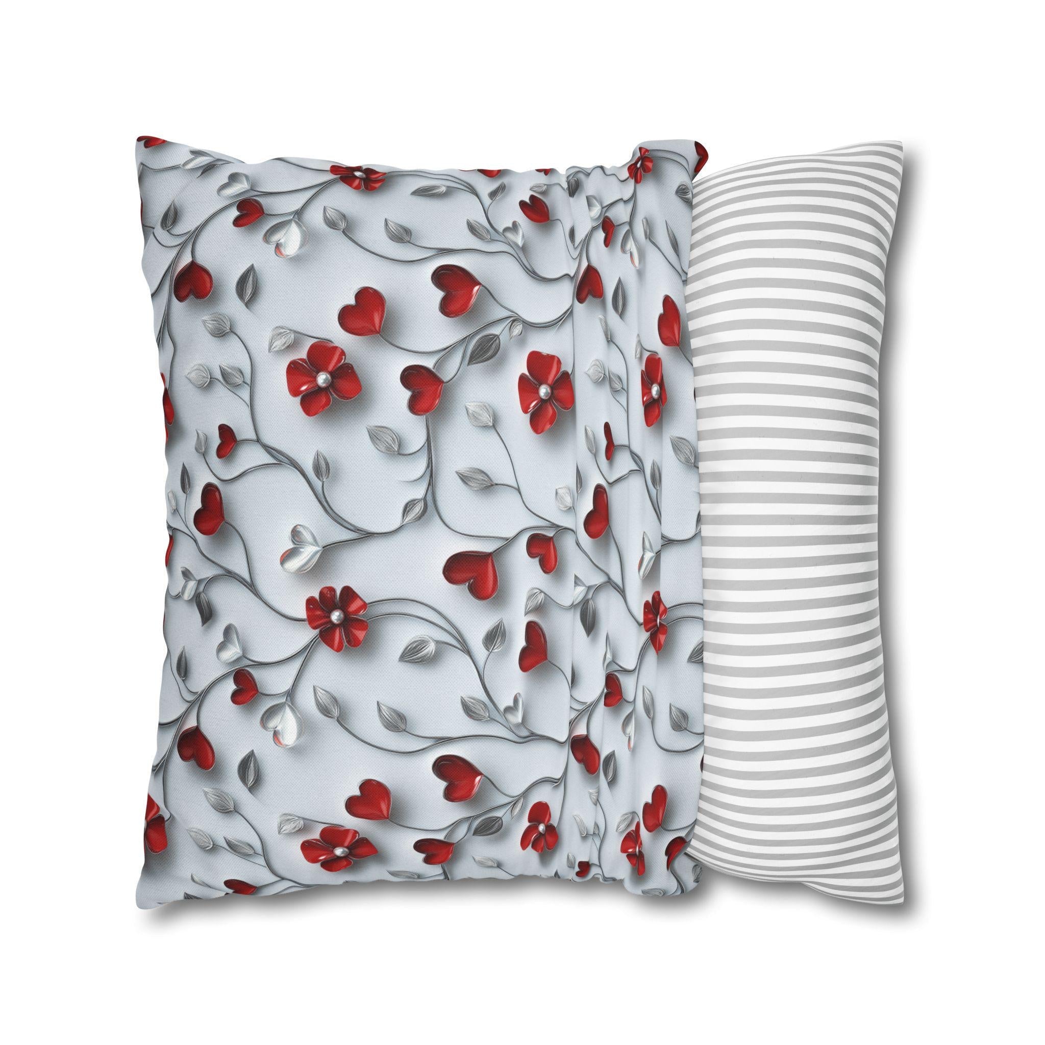 Red Floral Heart Pillow Cover: Romantic Silver Vine Design