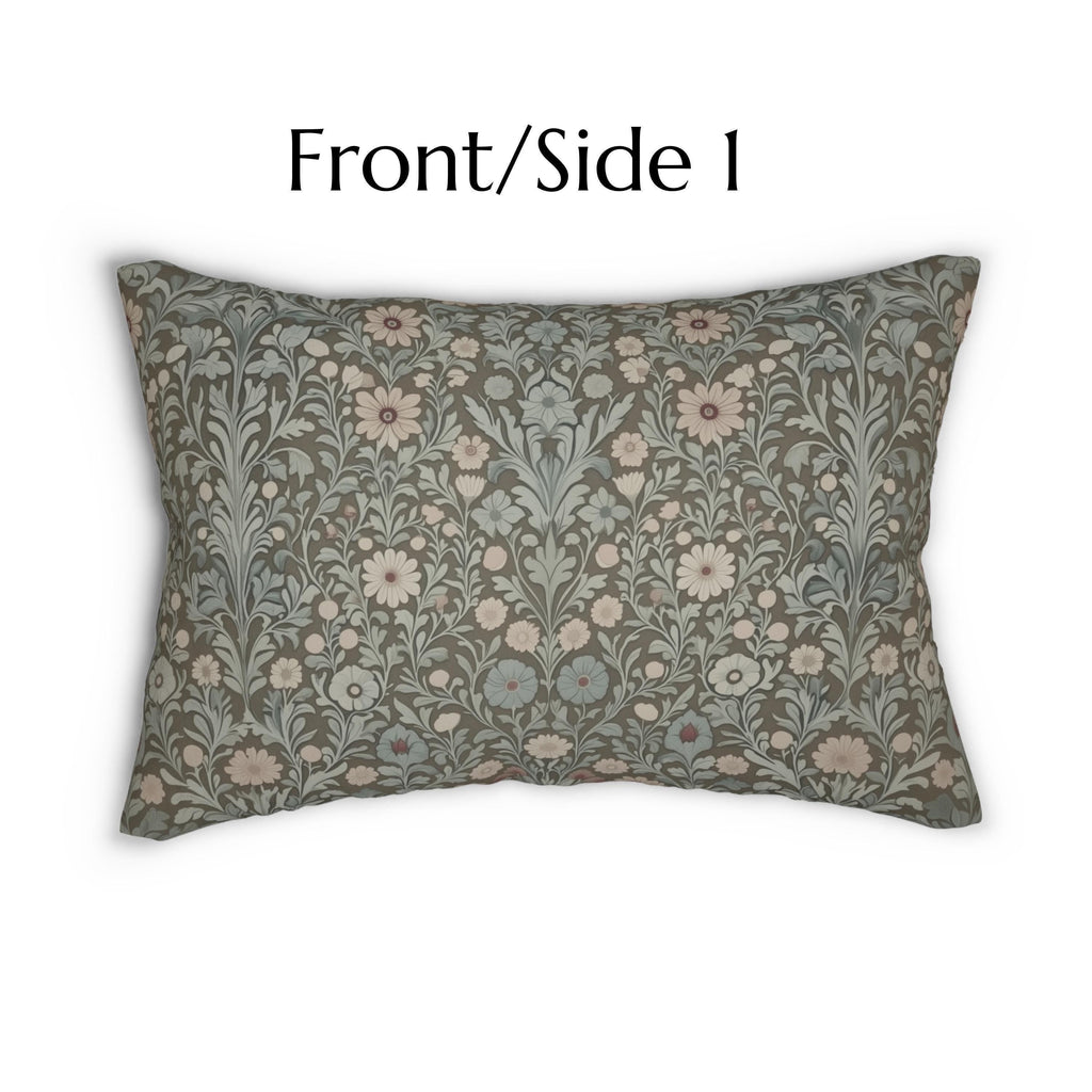 William Morris Inspired Botanical Lumbar Pillow: Soft Gray-Sage, Taupe, Blush Accent