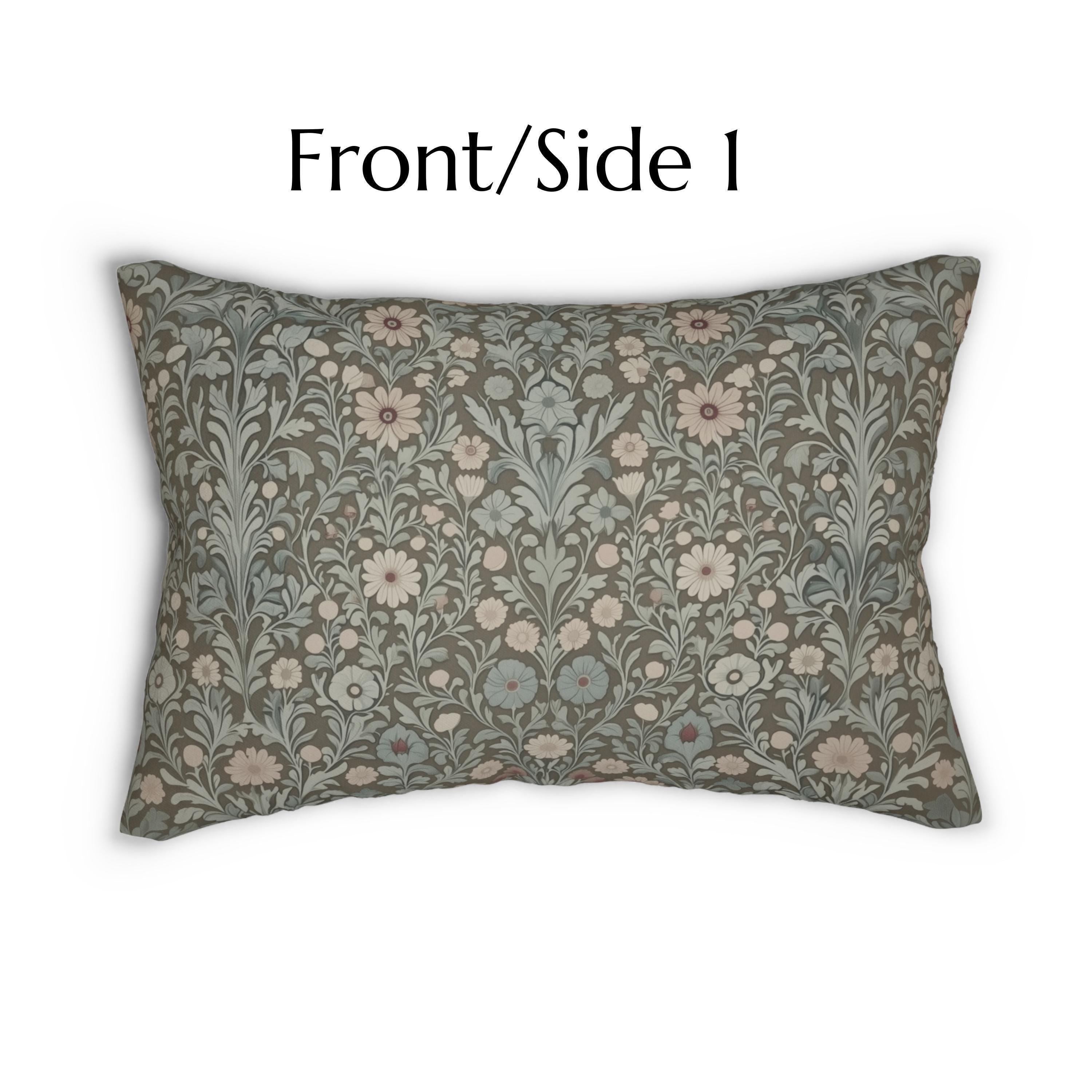 William Morris Inspired Botanical Lumbar Pillow: Soft Gray-Sage, Taupe, Blush Accent