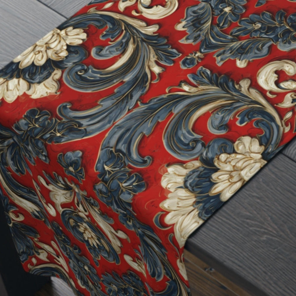 Quietly Patriotic Table Runner: Elegant Americana Scroll Design