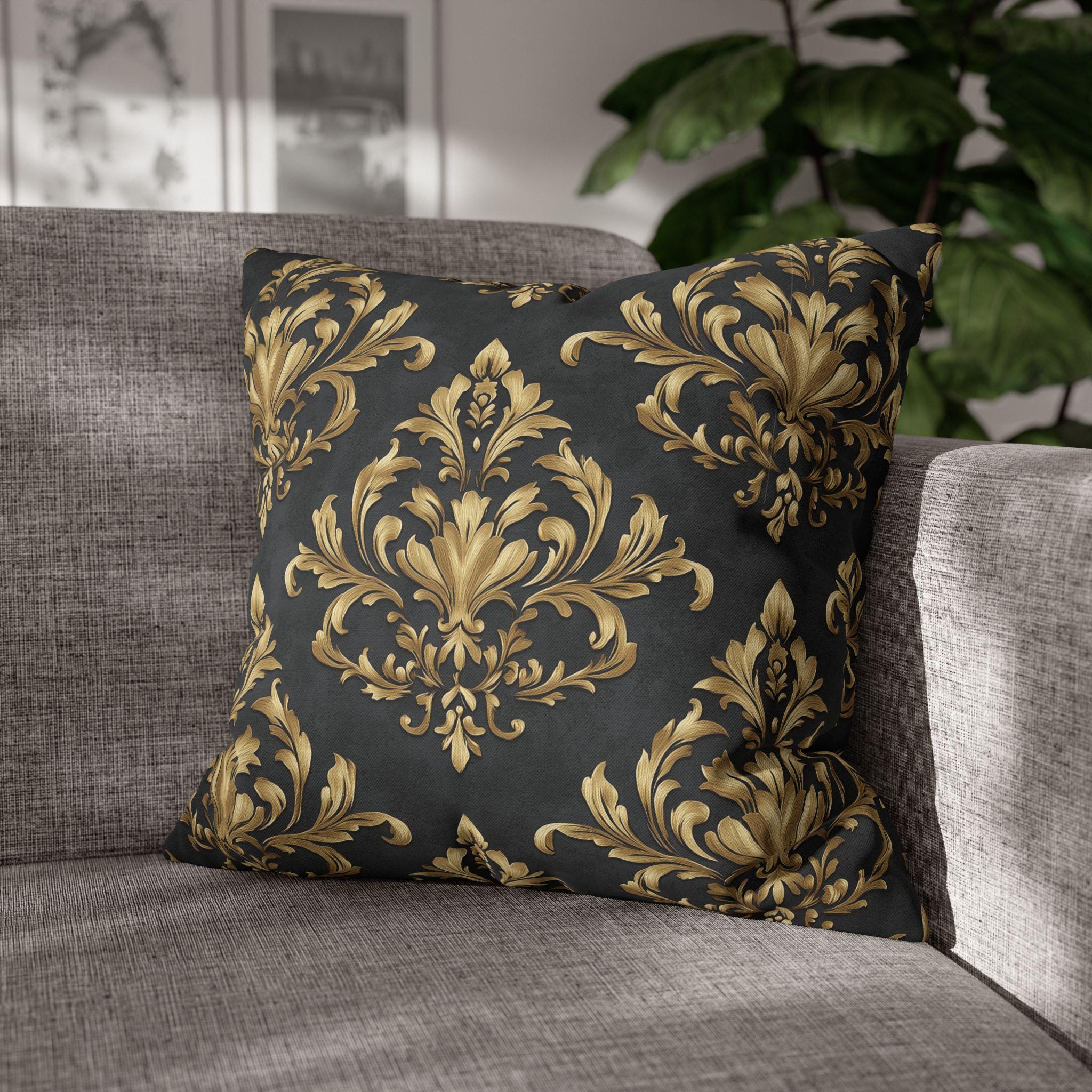 Gold Damask Pillow Cover: Deep Charcoal Vintage Home Decor