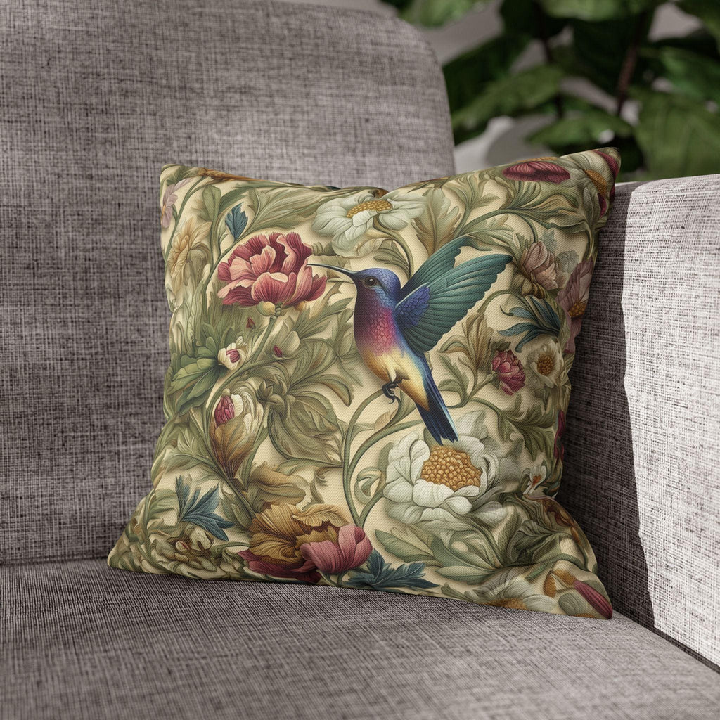 William Morris Inspired Botanical Pillow Cover: Vintage Style Hummingbird & Blooms